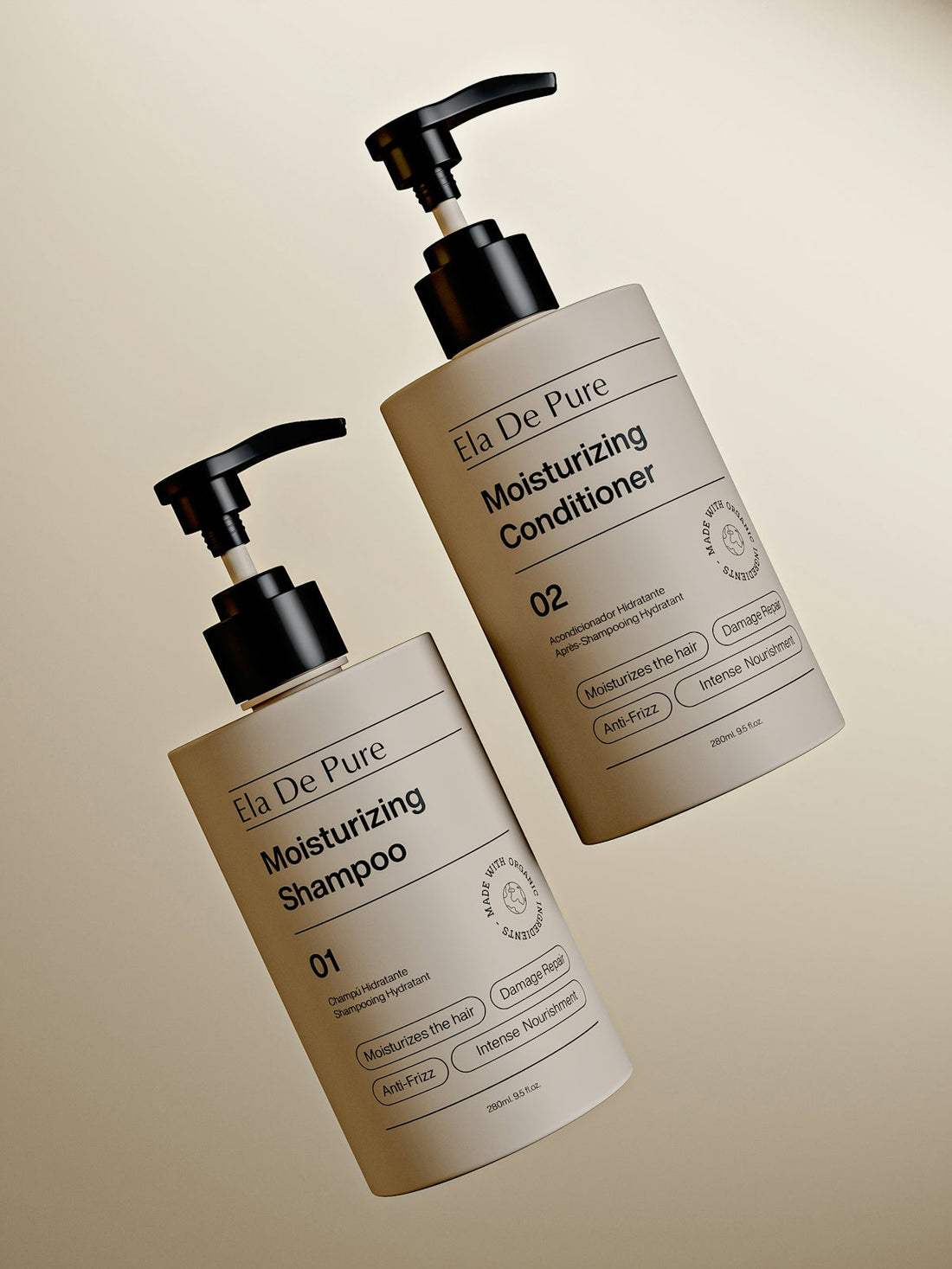 Shampoo and conditioner bottles promote hair moisturization.