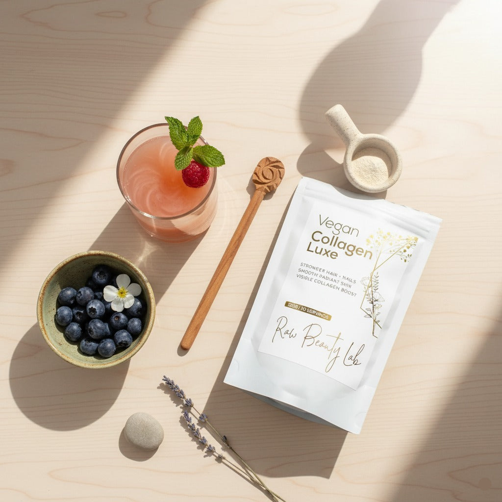 Vegan Collagen Luxe package with a glass of pink drink, berries, and a bowl on a wooden surface.