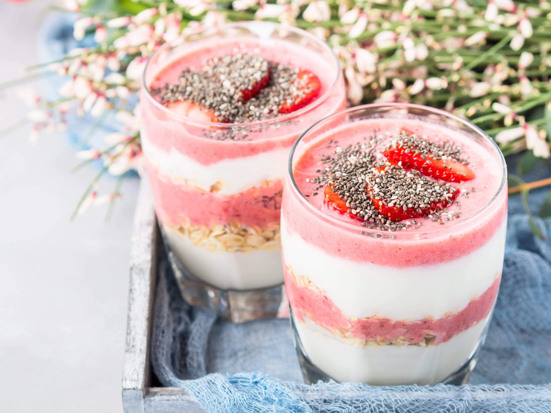 Overnight oats with vegan collagen powder chia seeds strawberries and yoghurt