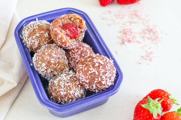 Healthy Raw Jam Doughnut energy balls made of plant based ingredients