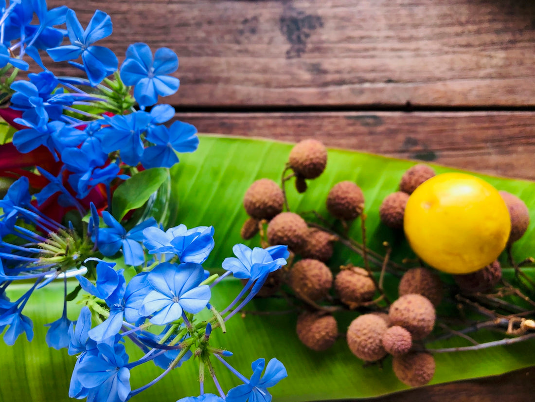 a bunch of blue flowers sitting on top of a green leaf