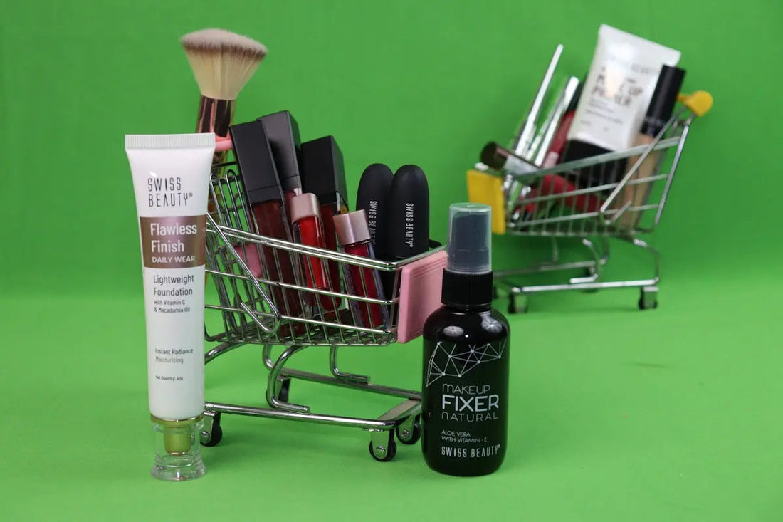 A shopping cart filled with lots of beauty products