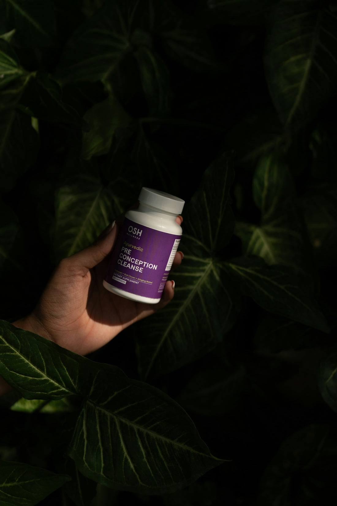 A hand holding a bottle of vitamin supplement