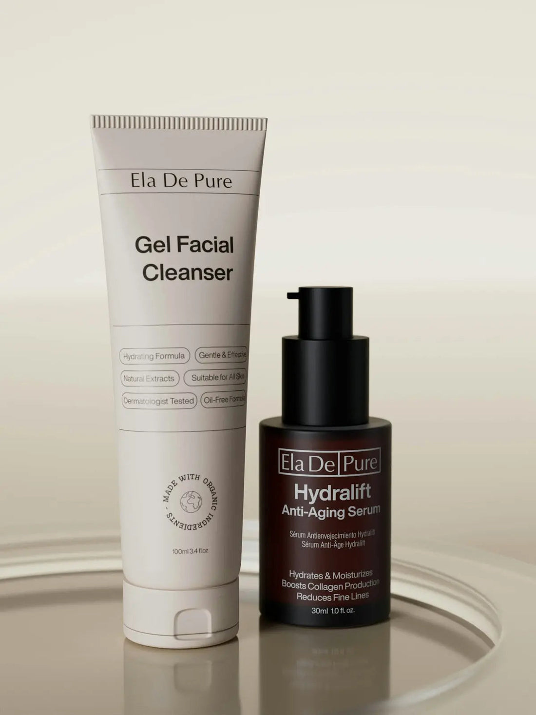 Skincare products: gel cleanser and anti-aging serum.