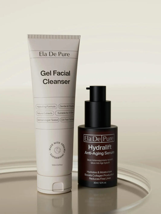 Skincare products: gel cleanser and anti-aging serum.