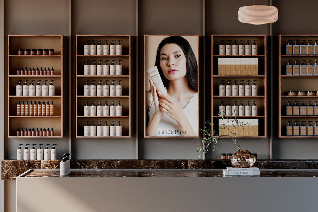 Woman holding skincare product in beauty store