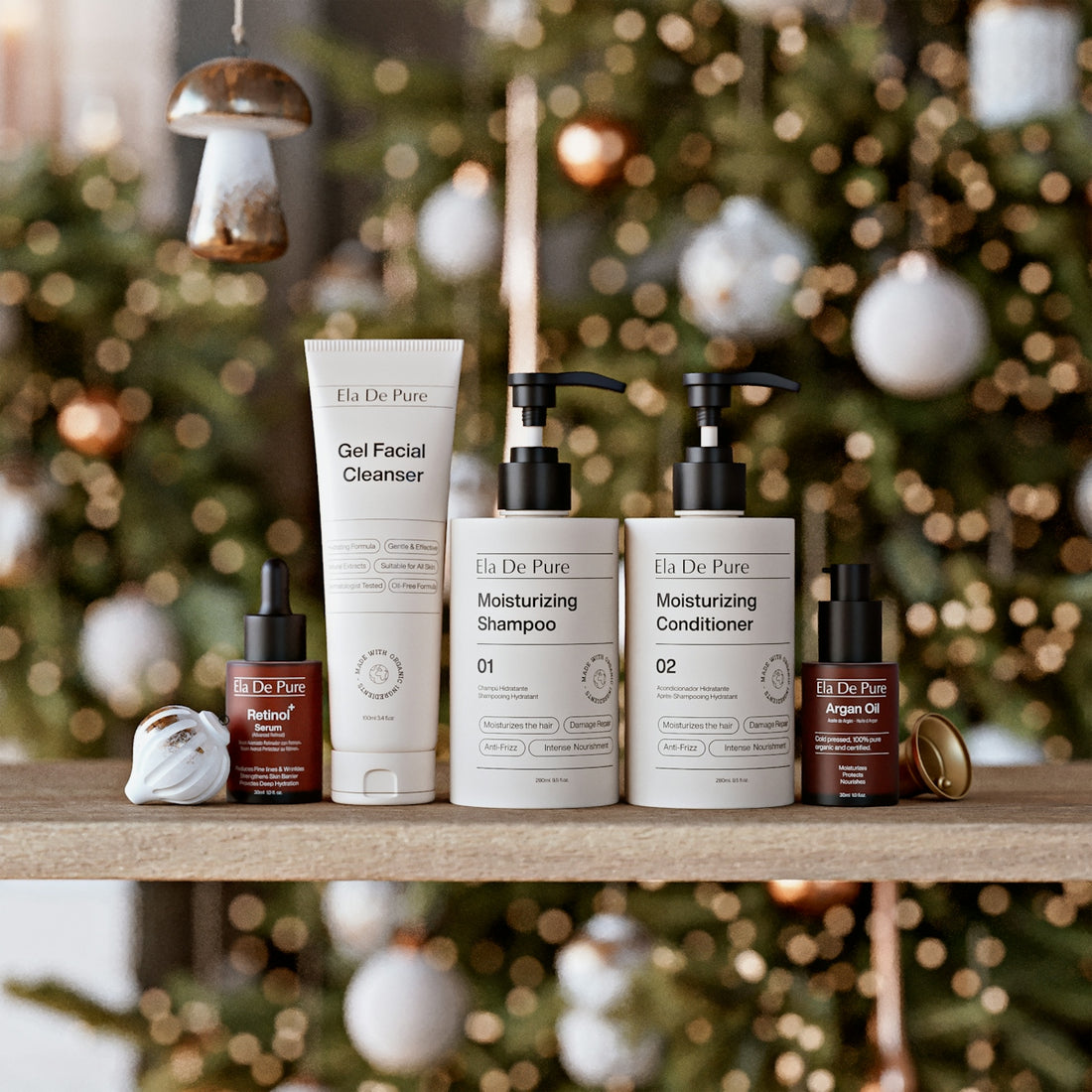 Skincare products displayed on a shelf with christmas tree background