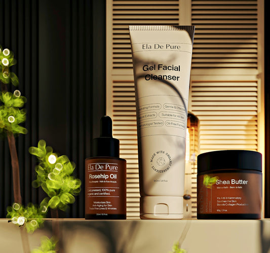 Three skincare products arranged on a shelf.