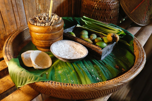 Ingredients for traditional cooking on a banana leaf