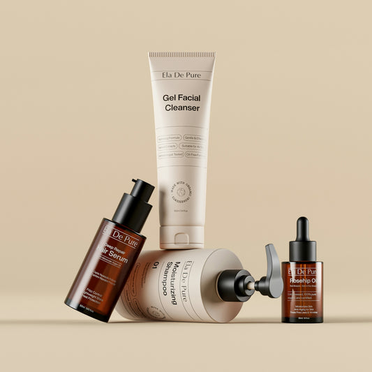 Various skincare and beauty products arranged on a beige background.