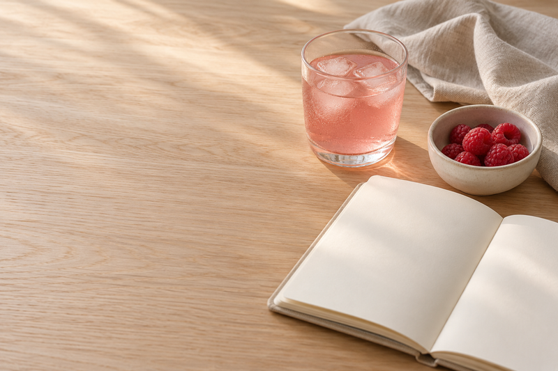 A collagen drink, raspberries and an open notebook on a morning table