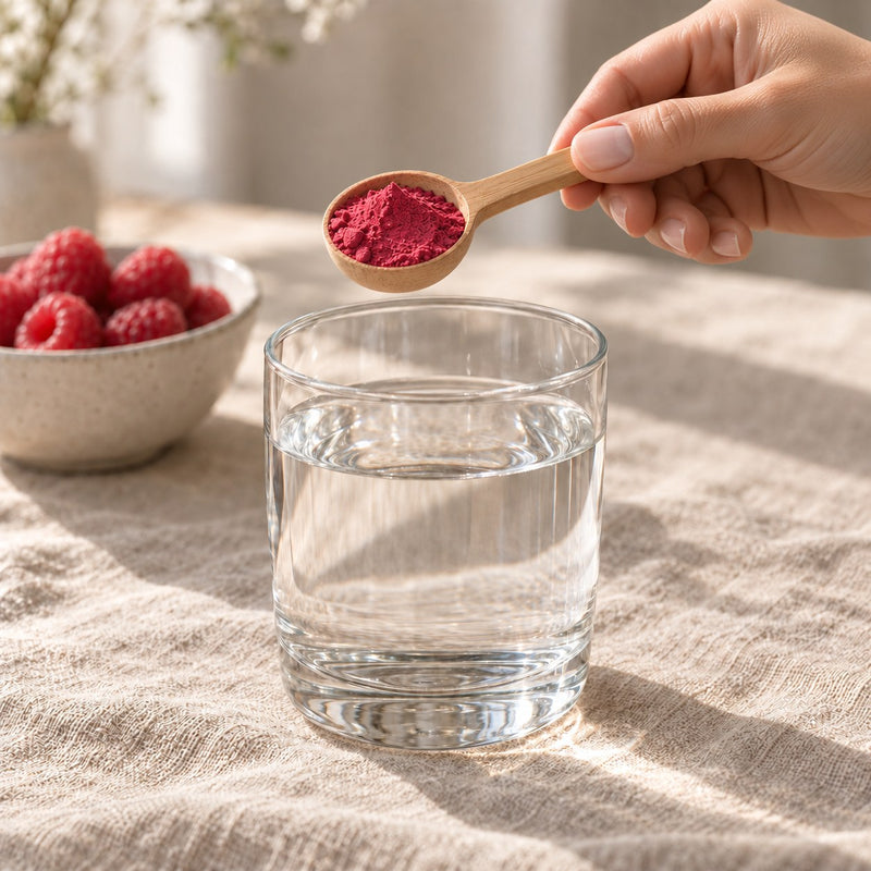 A scoop of vegan collagen powder over a glass of water, with raspberries