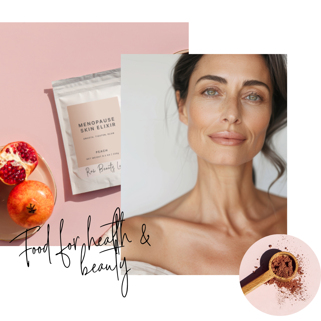 Woman with glowing, healthy skin enjoying nutritious foods for natural beauty and wellness.