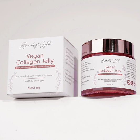 A box and jar of vegan collagen jelly cream by raw beauty lab sit on an elevated surface with the angle pointing upward