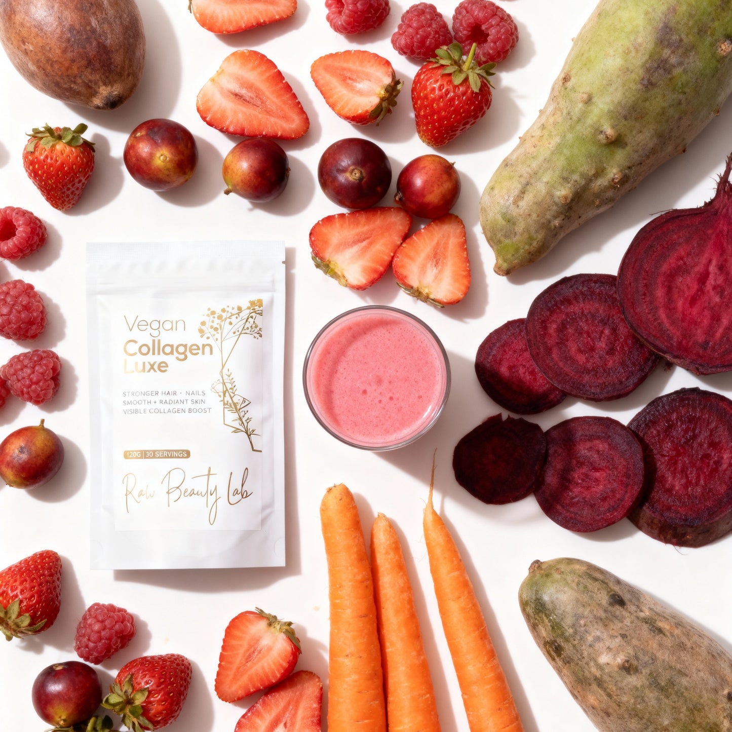 vegan collagen powder packaging surrounded by fruits, vegetables, and a pink smoothie on a white background