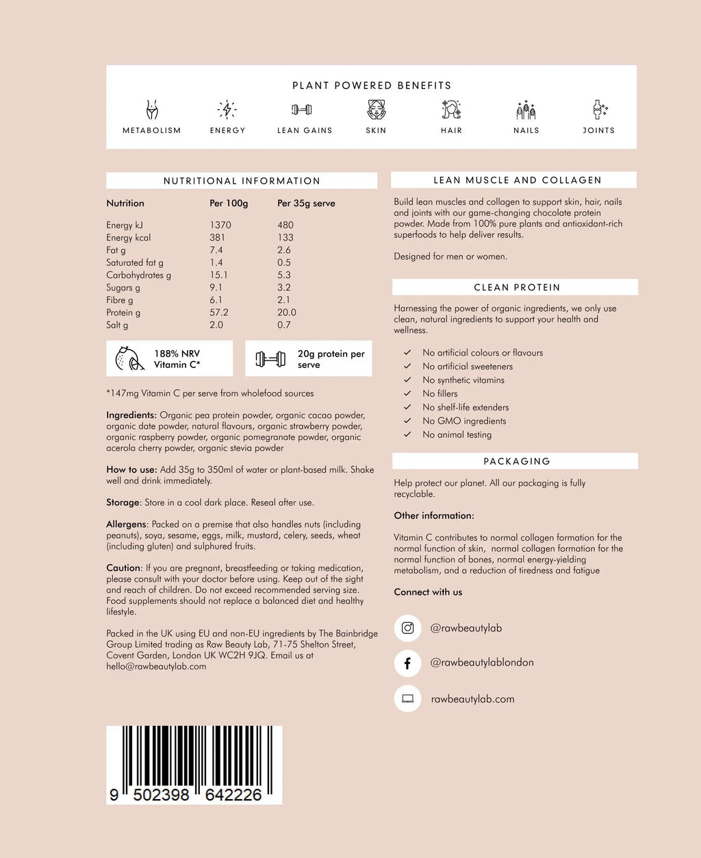 Vegan Protein and Collagen Builder nutritional panel – ingredients and macros for clean beauty nutrition