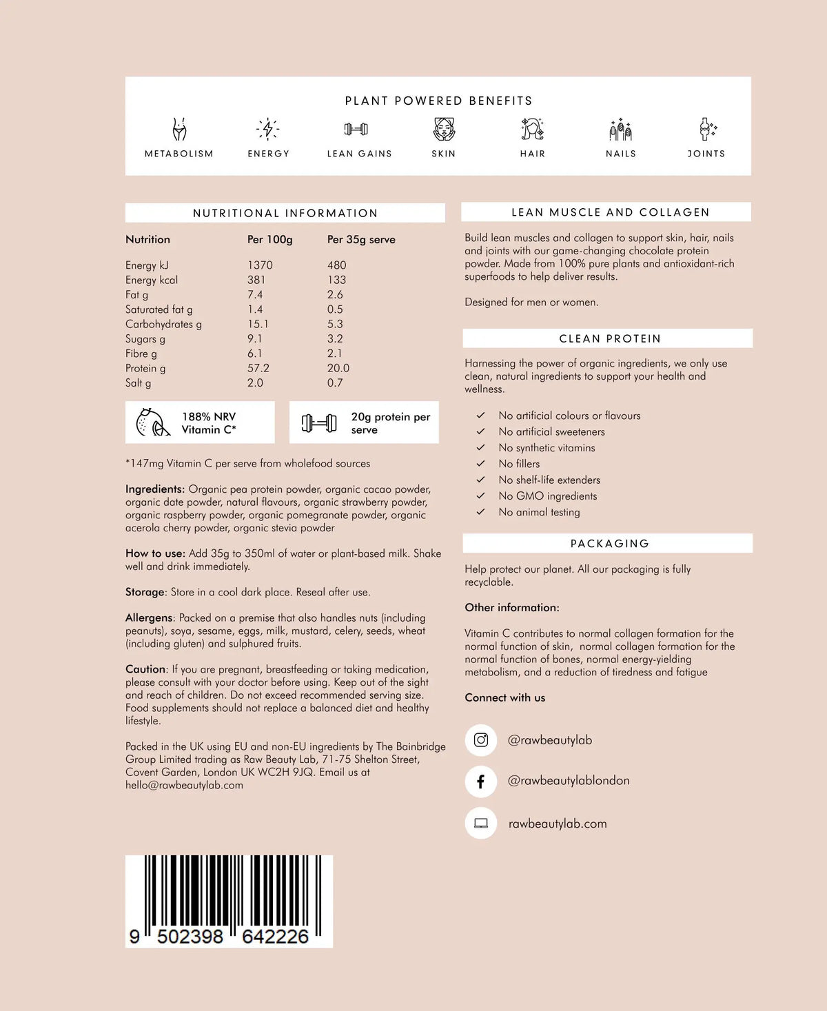 Vegan Protein and Collagen Builder nutritional panel – ingredients and macros for clean beauty nutrition