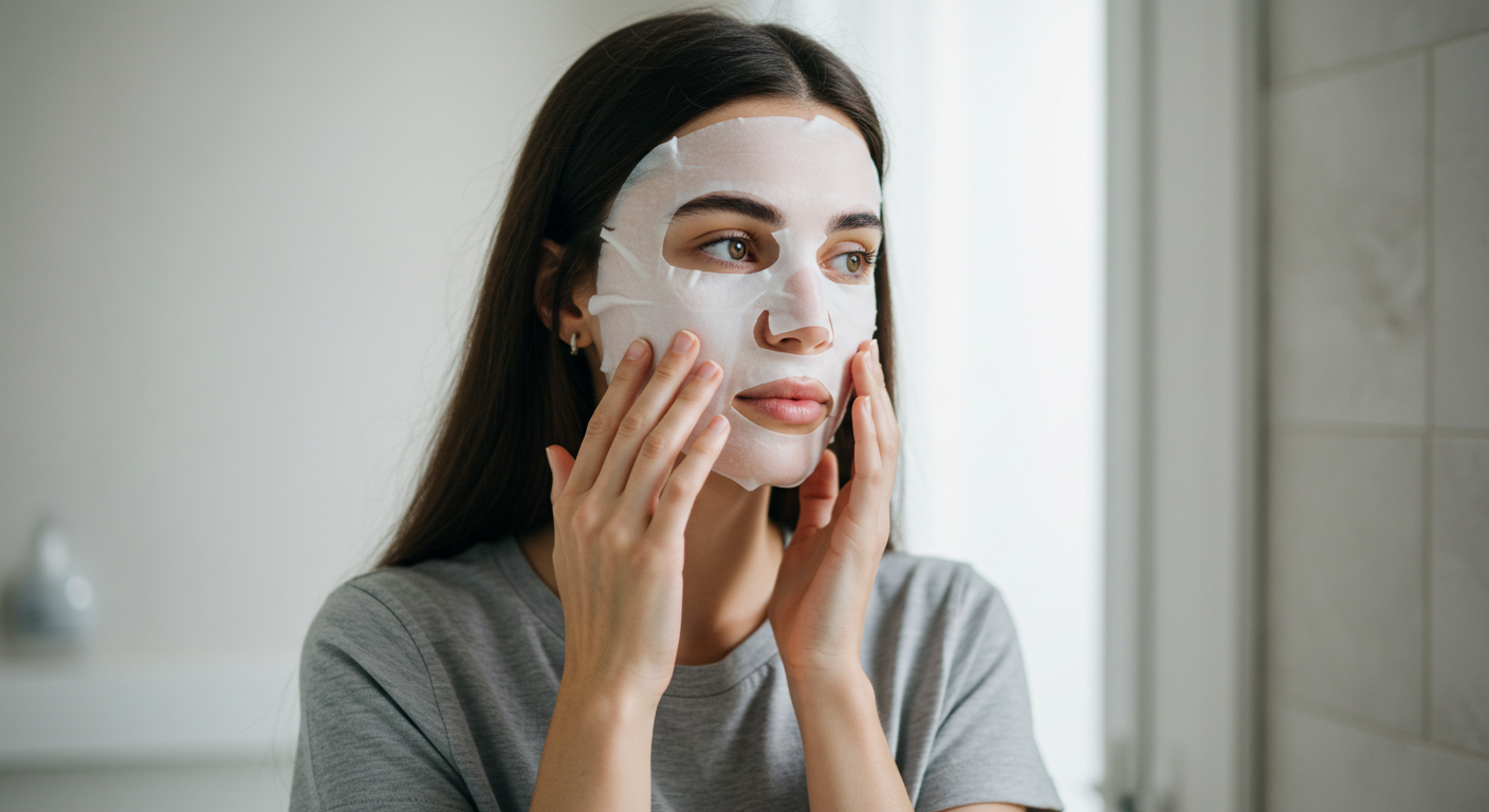 Woman applying a face mask in front of a mirror