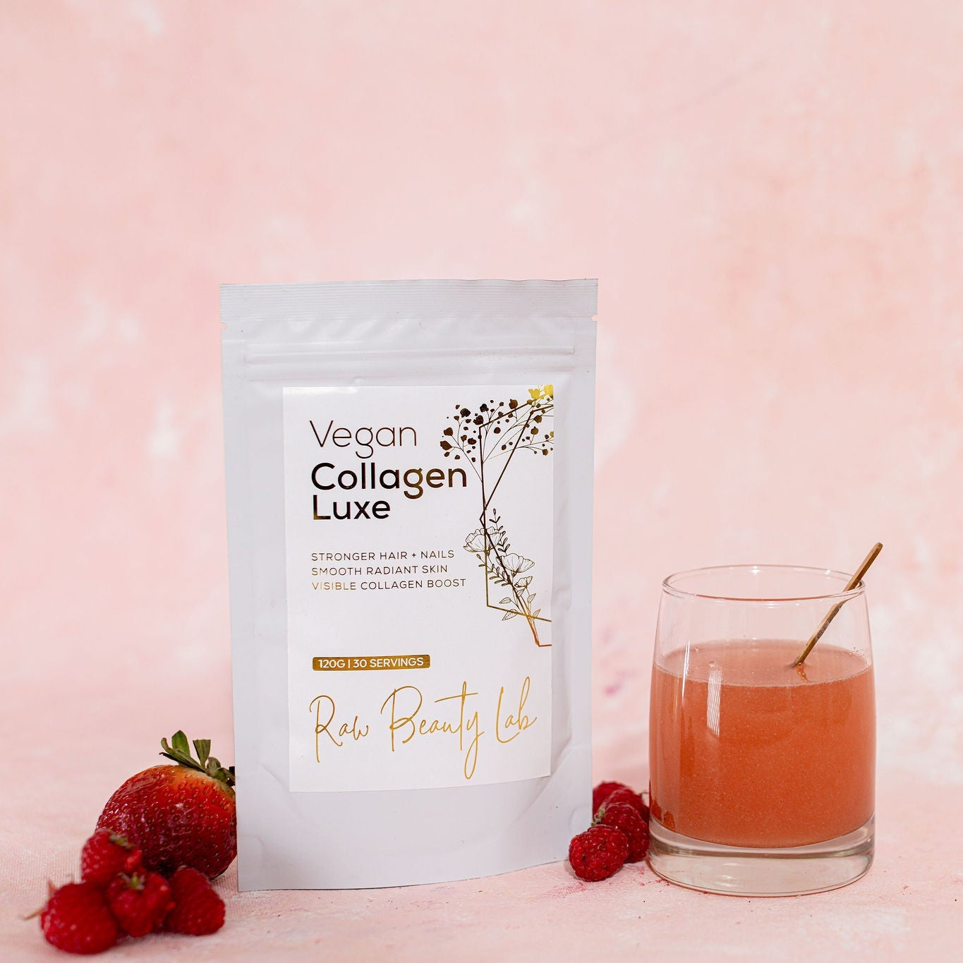 Vegan Collagen Luxe powder with drink and strawberries – plant-based collagen support
