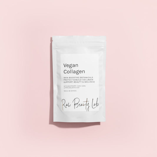 Vegan collagen booster package on a pink background