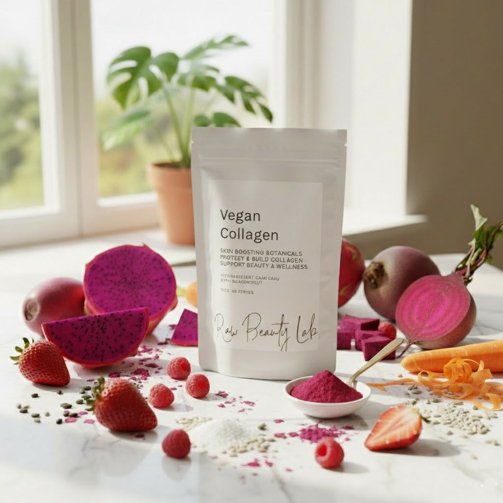 Vegan collagen powder package with fresh fruits and vegetables on a light surface.