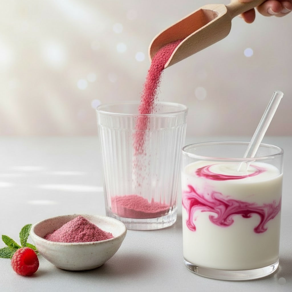 vegan collagen powder being poured into a glass of milk with a wooden scoop and raspberry on a light background