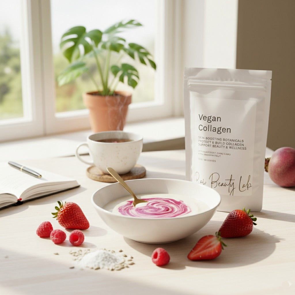 Vegan collagen powder from Raw Beauty Lab with a bowl of pink yogurt, strawberries, and a cup of tea on a light surface.