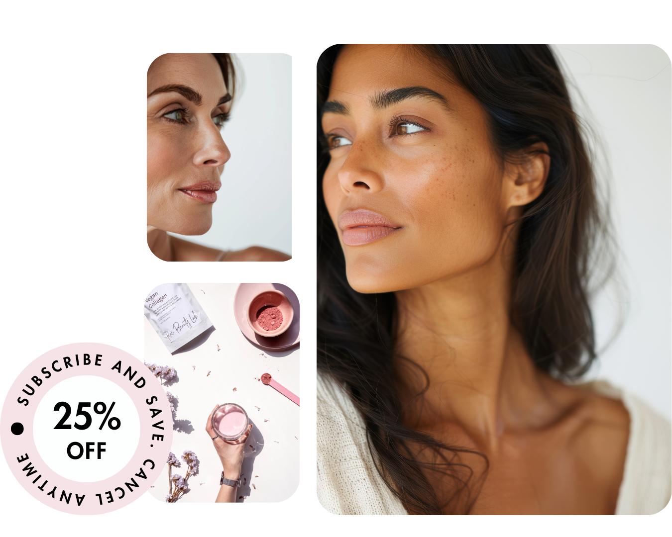 Smiling woman with radiant skin promoting Raw Beauty Lab’s Subscribe & Save offer for 25% off vegan collagen supplements.”