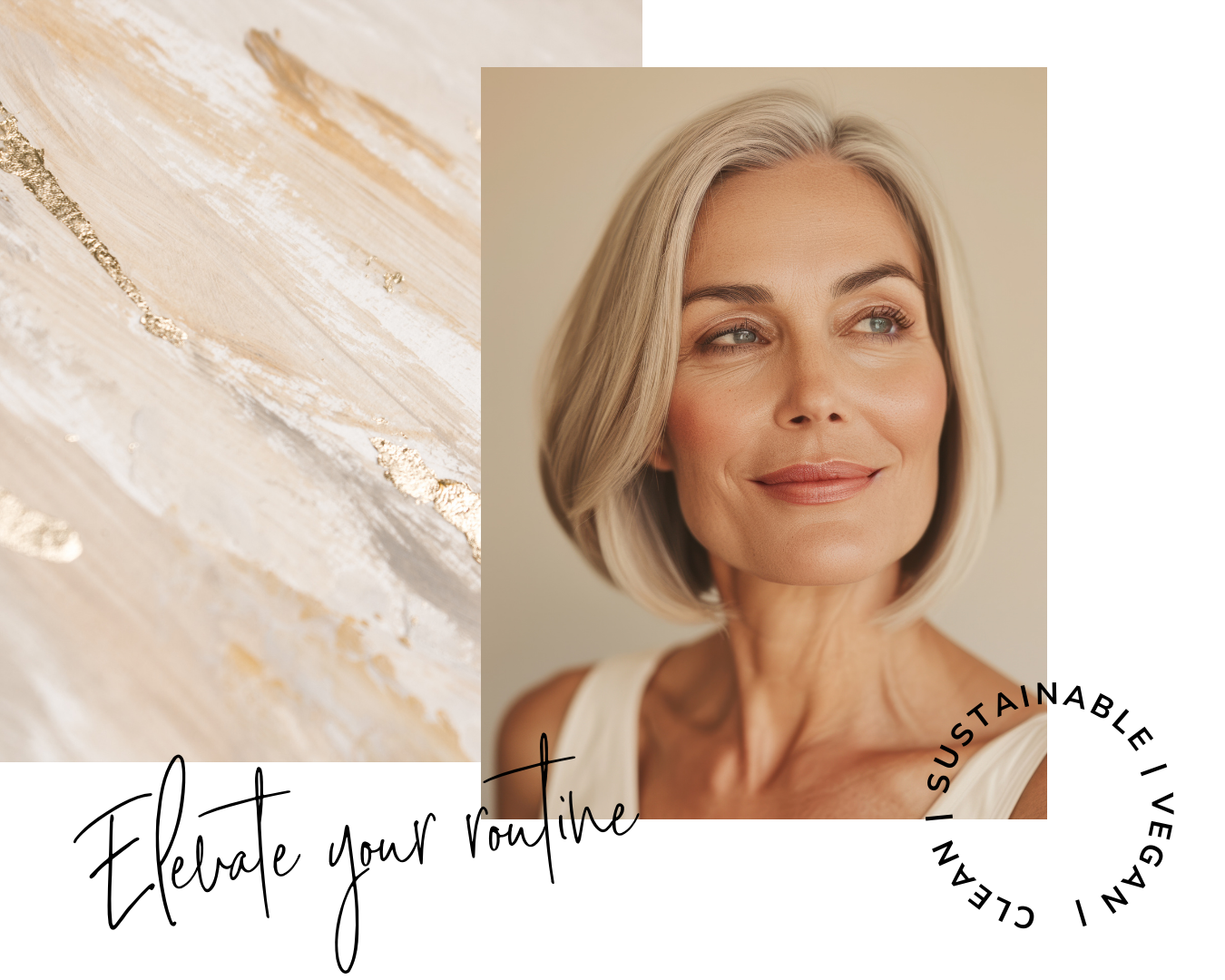 miling woman with radiant, glowing skin next to banner highlighting Raw Beauty Lab’s sustainable and eco-friendly beauty products.