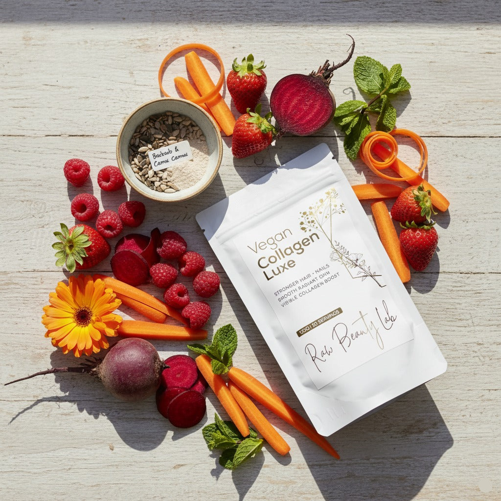 Vegan Collagen Luxe package surrounded by fresh fruits and vegetables on a wooden surface