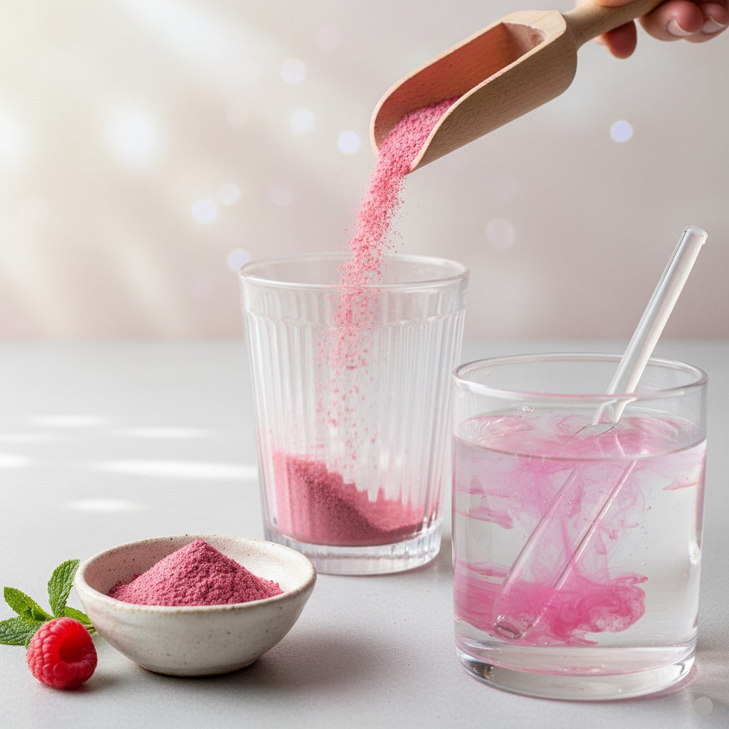 Pink vegan collagen powder being poured into a glass with ice and a straw, next to a bowl of powder and a raspberry.