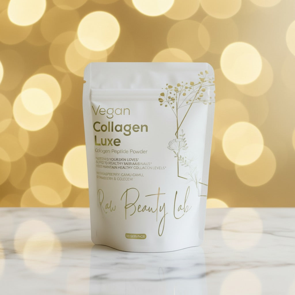 Vegan collagen peptides packaging on a marble counter