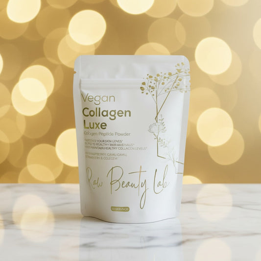 Vegan collagen peptides packaging on a marble counter