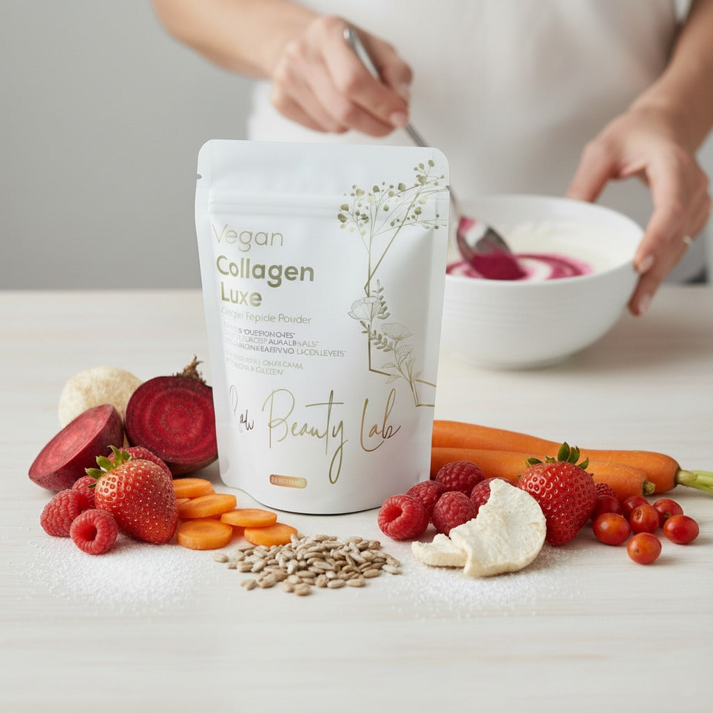 Vegan collagen peptides packaging among the blend of ingredients