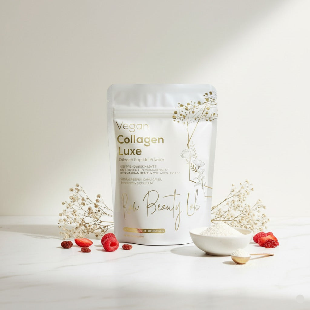 Vegan collagen peptides from Raw Beauty Lab USA surrounded by beautiful botanical ingredients
