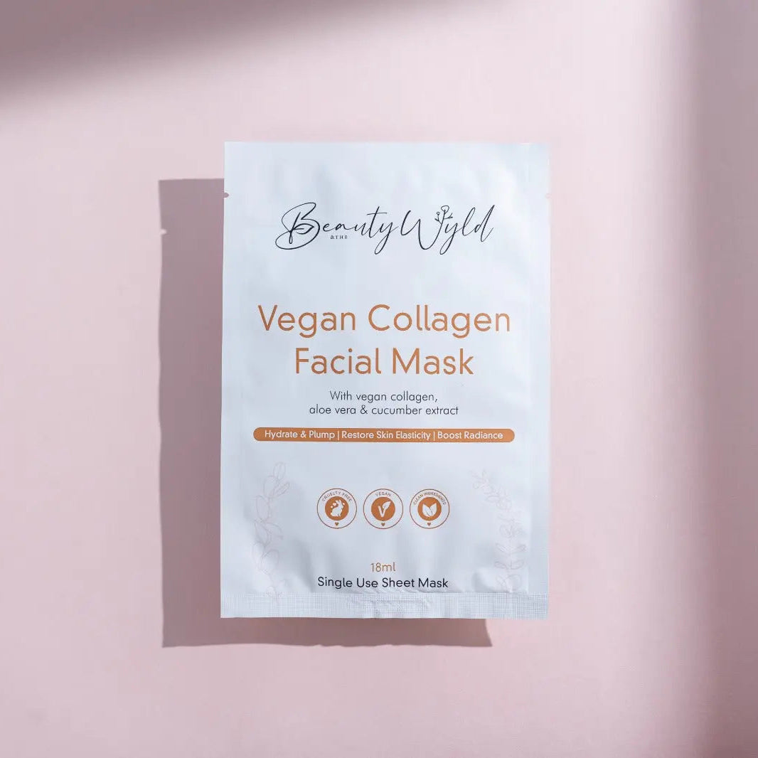 A single packet of vegan collagen face masks slightly elevated with a shadow below