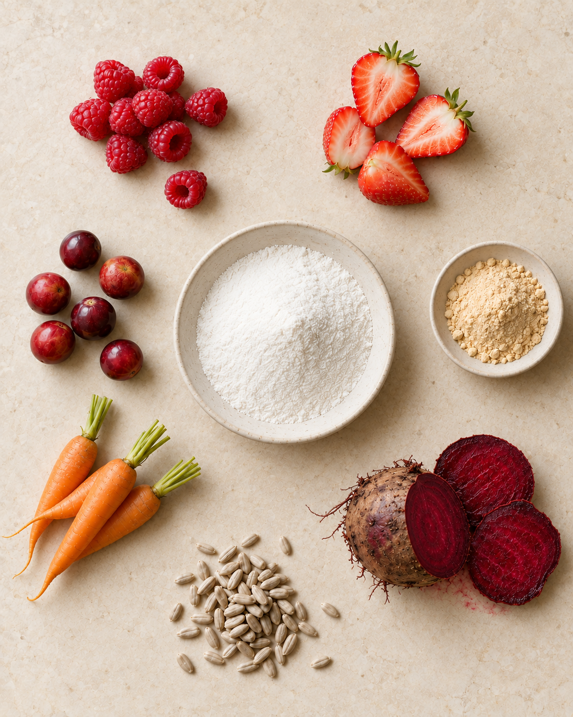 A bowl of fine white powder surrounded by raspberries, strawberries, camu camu, baobab, carrots, beetroot and sunflower seeds