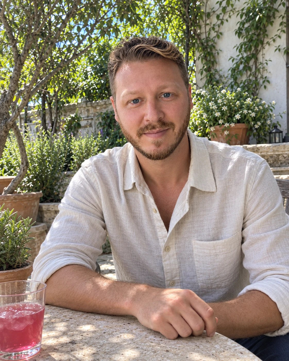 Josh, who runs Raw Beauty Lab, sitting at a garden table with a pink drink
