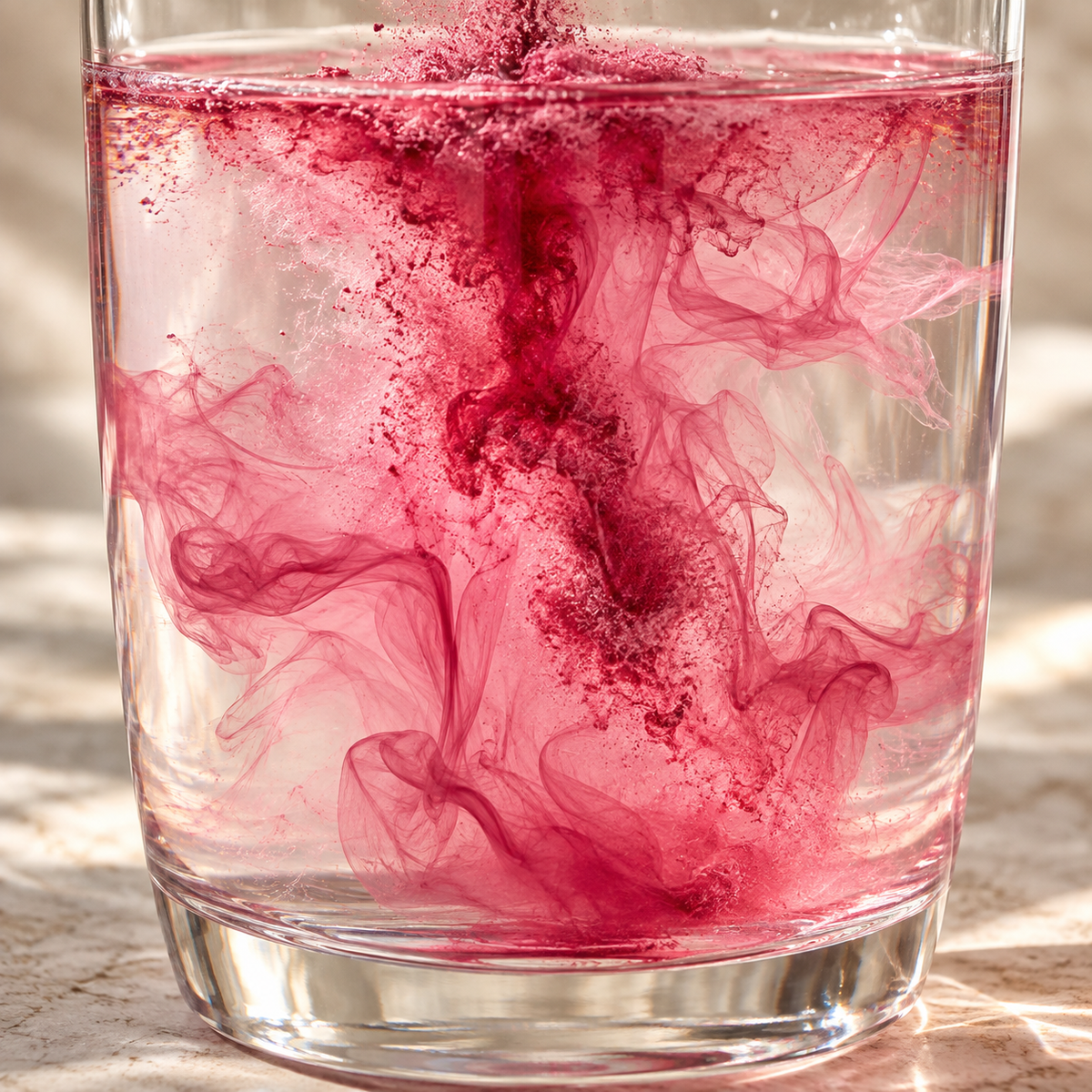 Pink powder swirling as it dissolves into a glass of water