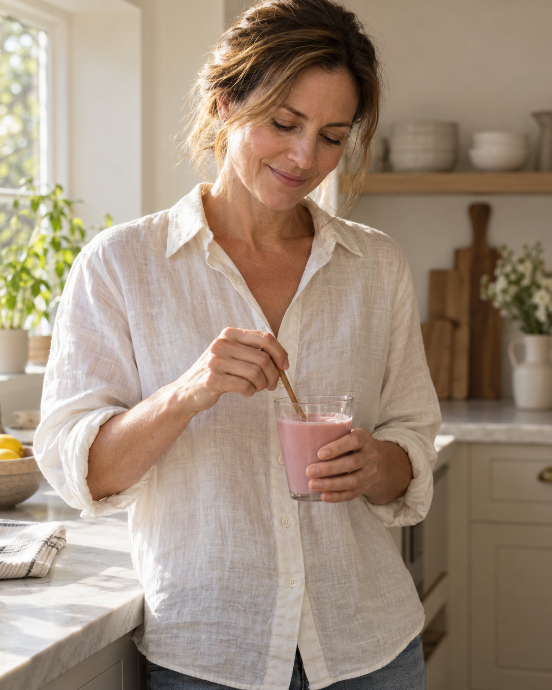A woman in a linen shirt stirring a pink drink in a bright kitchen in the morning